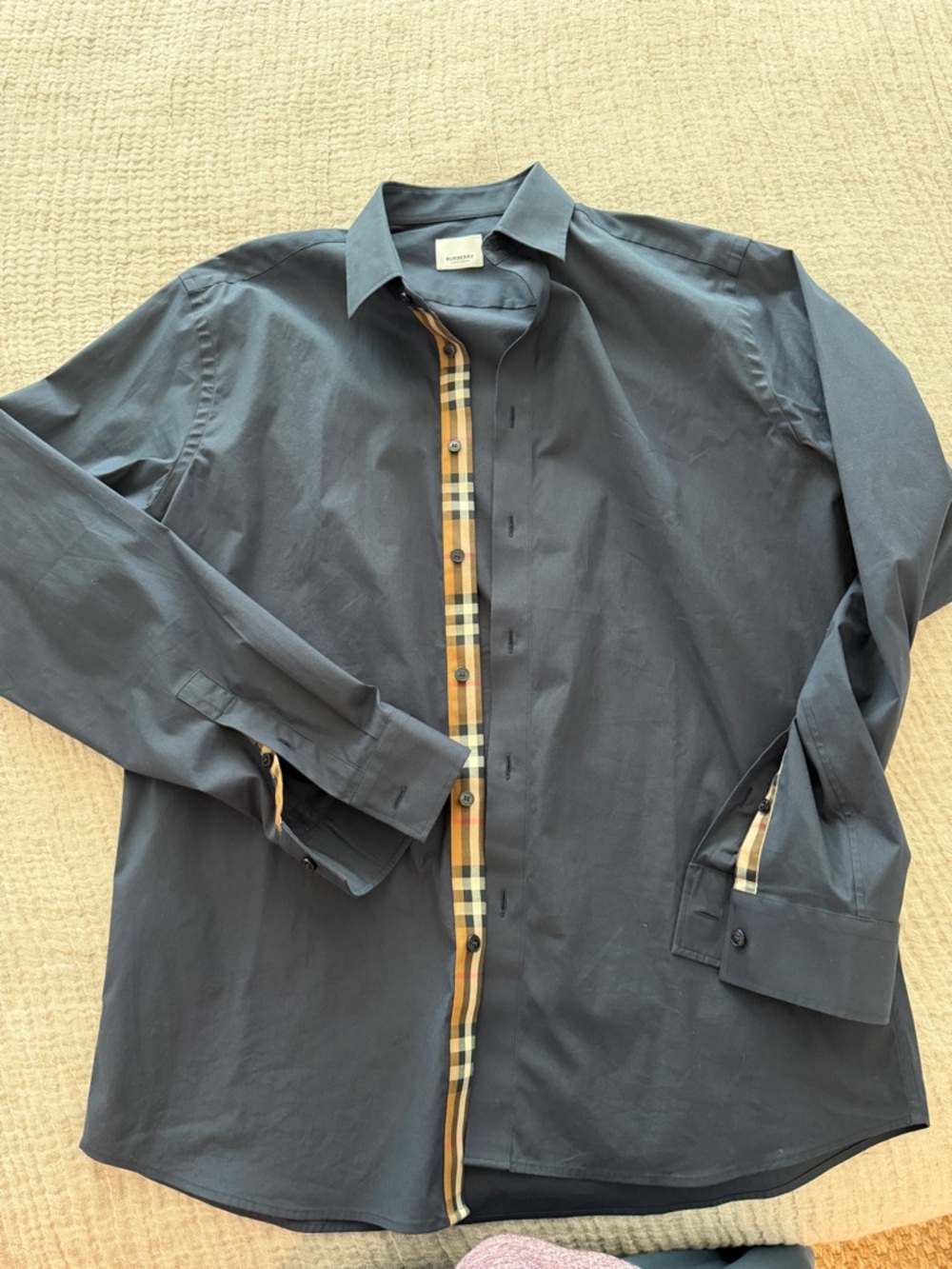 Burberry Men's Long-Sleeve Button-Up Shirt in Dark Blue with Tartan Trim